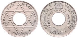 British West Africa, Colony, George V, 1/10 Penny Copper-Nickel 1926, Crown above center hole, KM 7, UNC