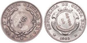 Costa Rica, Republic, Counterstamped Coinage, 1 Colon Silver 1923 (1903), Date within circle, KM 164, A.XF