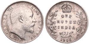 India-British, Colony, Edward VII, 1 Rupee Silver 1905, Head right, KM 508, VF