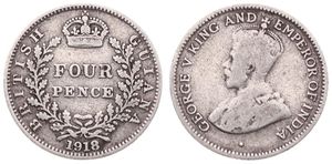 British Guiana, Colony, George V, 4 Pence Silver 1918, Crowned bust left, KM 29, F/VF