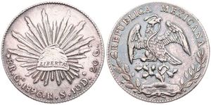 Mexico, Republic, 8 Reales Silver 1896 Go RS, Facing Eagle - Radiant Cap, KM 377.8 (Guanajuato), VF+