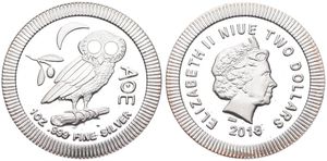 Niue, New Zealand Dependency, 2 Dollars Silver 2018, Greek owl on branch, KM New, PROOF