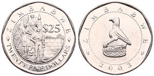 Zimbabwe, Republic, 25 Dollars Nickel Plated Steel 2003, Military Monument, KM 15, UNC