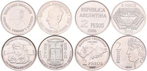 Argentina, Republic, Nice lot with 4 different commemorative 2 Pesos Copper-Nickel coins 1999, 2006, 2007 & 2010, various subjects, AU/UNC