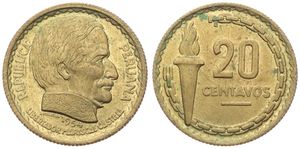 Peru, Republic, 20 Centavos Brass 1954, Head of President Castilla right, KM 234, A.UNC