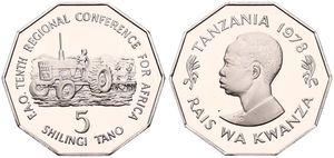Tanzania, Republic, 5 Shilingi Copper-Nickel 1978, F.A.O. - 10th Regional Conference for Africa, KM 12, PROOF