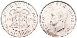 South Africa, British Colony, George VI, 2 Shillings Silver 1943, Head left, KM 29, UNC