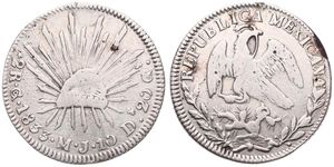 Mexico, Republic, 2 Reales Silver 1833 Go MJ, Facing Eagle - Radiant Cap, KM 374.8 (Guanajuato), Fine