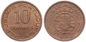 Mozambique, Portuguese Colony, 10 Centavos Bronze 1942, National arms within crowned globe, KM 72, A.UNC