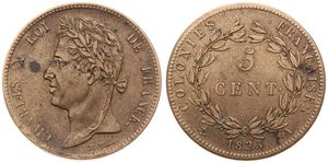 French Colonies, Colonial Coinage, Charles X, 5 Centimes Bronze 1825A, Laureate head left, KM 10.1, VF