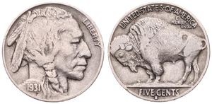 United States of America, Republic, 5 Cents Copper-Nickel 1931S, Buffalo nickel, KM 134, A.VF