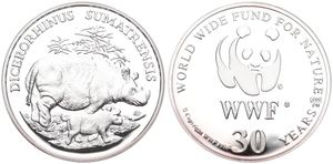 WWF, World Wide Fund for Nature, Medal in Silver 1986, 30th Anniversary of WWF - Dicerorhinus Sumatrensis (Sumatranic Rhinoceros) / WWF Logo surrounded by legend, PROOF