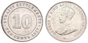 Straits Settlements, British Colony, George V, 10 Cents Silver 1917, Crowned bust left, KM 29, XF