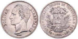 Venezuela, Republic, 5 Bolivares Silver 1886, Head of Bolivar left, KM 24.1, VF