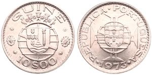 Guinea-Bissau, Portuguese Colony, 10 Escudos Copper-Nickel 1973, Crowned towers above shield, KM 16, A.UNC