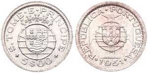Saint Thomas & Prince, Portuguese Colony, 5 Escudos Silver 1951, National arms, KM 13, UNC