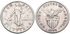 Philippines, United States Administration, 1 Peso Silver 1908S, Eagle above stars and striped shield, KM 172, VF
