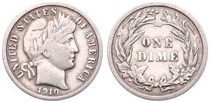 United States of America, Republic, 1 Dime Silver 1910, Barber dime, KM 113, VF