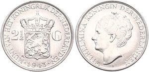 Netherlands East Indies, Dutch Administration, Wilhelmina I, 2-1/2 Gulden Silver 1943D, Head left, KM 331, A.UNC