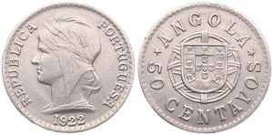 Angola, Portuguese Colony, 50 Centavos Nickel 1922, Liberty head left, KM 65, XF