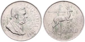 South Africa, Republic, 1 Rand Silver 1967, 1st Anniversary of the death of Dr. Verwoerd, KM 72.2 Afrikaans legend, UNC