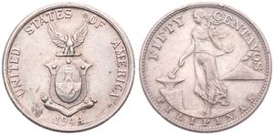 Philippines, United States Administration, 50 Centavos Silver 1944S, Eagle with wings open above shield, KM 183, XF