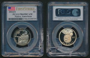 United States of America, Republic, 1 Dollar Aluminum-Bronze 2014S, Native American Dollar - Native Hospitality, KM 575, PCGS Graded PR-69DCAM (slab is broken)