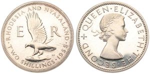 Rhodesia & Nyasaland, Federation, Elizabeth II, 2 Shillings Silver 1955, Eagle with talons in fish, KM 6a, SCARCE, PROOF