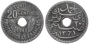 Tunisia, French Protectorate, Ahmad Pasha Bey, 20 Centimes Zinc AH1361-1942, Inscription around center hole within sprigs, KM 268, A.XF