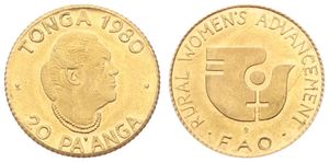 Tonga, Kingdom, Taufa'ahau Tupou IV, 20 Pa'anga Gold 1980, F.A.O. - Rural Women's Advancement, KM 65, B.UNC (*)