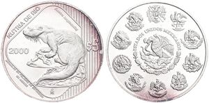 Mexico, Estados Unidos, 5 Pesos Silver 2000, Endangered Wildlife - Neotropical River Otter, KM 656, UNC