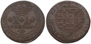 Brazil, Portuguese Colony, Joao VI, 40 Reis Copper 1822R, National arms, KM 319.1, XF