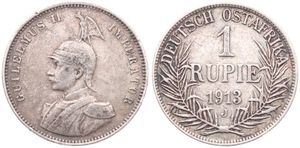German East Africa, Colony, Wilhelm II, 1 Rupie Silver 1913J, Armored bust left, KM 10, A.VF