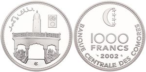 Comoros, Federal Islamic Republic, 1000 Francs Silver 2002, Mosque of the Sultans, KM 20, RARE, PROOF