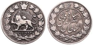 Iran, Kingdom, Muzaffar al-Din Shah, 2000 Dinars (2 Kran) Silver AH1322 (1904), Radiant lion holding sword within crowned wreath, KM 975, A.VF