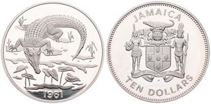 Jamaica, British Colony, Elizabeth II, 10 Dollars Silver 1981, American Crocodile, KM 93a, PROOF