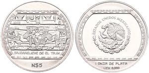Mexico, Estados Unidos, 5 Nuevo Pesos Silver 1993, Bajo relieve de el Tajin, KM 569, UNC