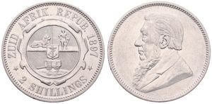 South Africa, Republik, 2 Shillings Silver 1897, Bust of Paul Kruger left, KM 6, A.XF