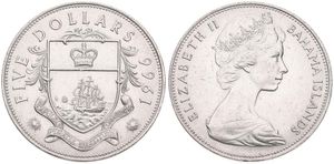 Bahamas, Commonwealth, Elizabeth II, 5 Dollars Silver 1966, Shield with crown and sailing ships, KM 10, A.UNC