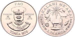 Tonga, Kingdom, Taufa'ahau Tupou IV, 2 Pa'anga Copper-Nickel 1978, F.A.O. and 60th Diamond Birthday of the King, KM 59, B.UNC