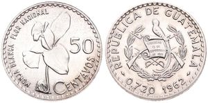 Guatemala, Republic, 50 Centavos Silver 1962, Whitenun Orchid, KM 264, UNC