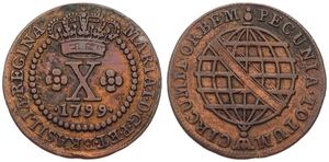 Brazil, Portuguese Colony, Maria I, 10 Reis Copper 1799, Curved parallels on globe, KM 228, A.XF