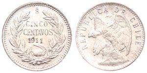 Chile, Republic, 5 Centavos Silver 1911, Defiant Condor on rock left, KM 155.2a, B.UNC
