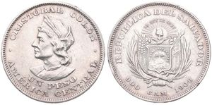 El Salvador, Republic, 1 Peso (Colon) Silver 1908 C.A.M., Bust of Columbus left, KM 115.1, A.XF