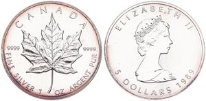 Canada, Confederation, Elizabeth II, 5 Dollars Silver 1989, Maple Leaf - Young bust right, KM 163, UNC