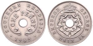 Southern Rhodesia, British Colony, George VI, 1 Penny Copper-Nickel 1942, Crowned flower design within circle around center hole, KM 8, A.UNC