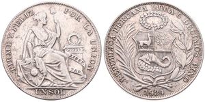 Peru, Republic, 1 Sol Silver 1934, Seated Liberty flanked by shield and column, KM 218.2, XF 