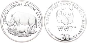 WWF, World Wide Fund for Nature, Medal in Silver 1986, 30th Anniversary of WWF - Ceratotherium Simum Cottoni (Northern White Rhinoceros) / WWF Logo surrounded by legend, PROOF