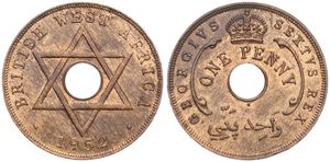 British West Africa, Colony, George VI, 1 Penny Bronze 1952H, Crown above center hole, KM 30a, UNC
