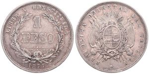 Uruguay, Republic, 1 Peso Silver 1877A, Four-fold arms under radiant sun, KM 17, A.VF